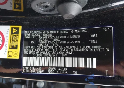 2019 Toyota Highlander Limited из США, поврежденный, VIN 5TDDZRFH7KS927571